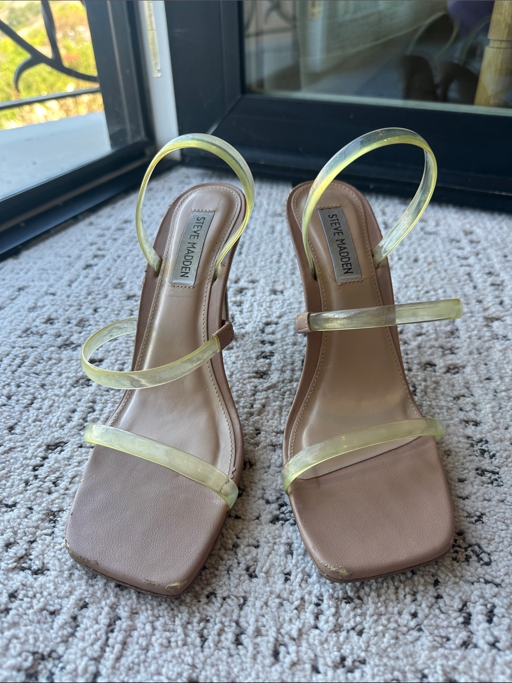 Steve Madden Nude Square-Toe Sandals with Translucent Yellow Straps